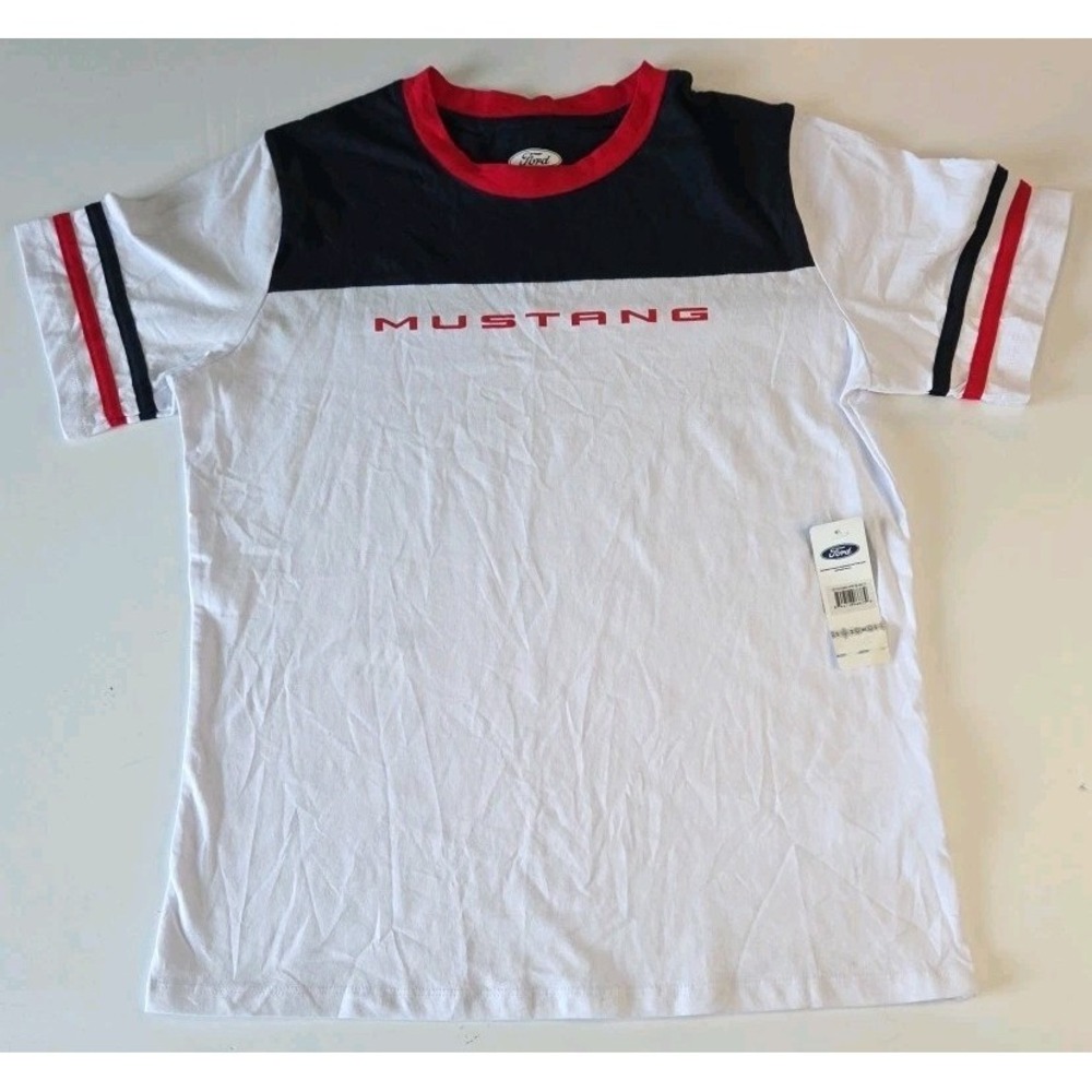 Mens Medium Ford Mustang T-Shirt Official Licensed White W/ Blue/Red Stripes NWT